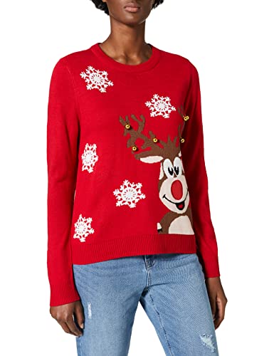 ONLY Damski sweter bożonarodzeniowy z dzianiny, renifer z dzwoneczkiem, Boże Narodzenie, High Risk Red/Reindeer Bells, XL