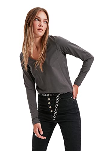Trendyol Damska koszulka z dzianiny Basic Regular Standard V Neck Knit T-Shirt, antracytowa, M, Antracyt, M