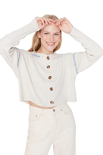 Trendyol Damski damski standardowy standardowy sweter z okrągłym dekoltem dzianinowy kardigan, kamień, S, KAMIEŃ, S