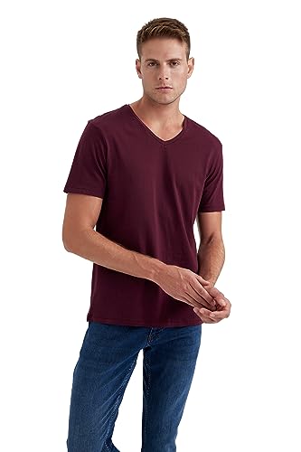 DeFacto Męski Basic Slim Fit T-shirt męski z dekoltem w serek – klasyczny T-shirt dla mężczyzn, bordowy, M
