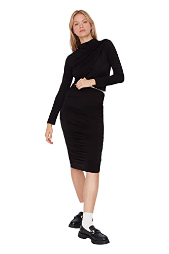 Trendyol Damska młoda spódnica ołówkowa midi Bodycon dzianinowa spódnica, Czarny, S