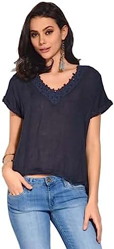 Bonateks, Krótka sukienka z marszczonym dnem i okrągłym kołnierzem marszczonym, 100% len, rozmiar DE: 42 rozmiar US: XL, granatowy - wyprodukowano we Włoszech, niebieski, 42