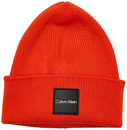 Calvin Klein Męska czapka z dzianiny z delikatnej bawełny prążkowanej, koralowy pomarańczowy, jeden rozmiar, Koralowy Pomarańczowy, Rozmiar uniwersalny