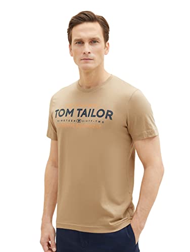 TOM TAILOR Męski T-shirt z nadrukiem logo, 10942 – Beach Sand, M
