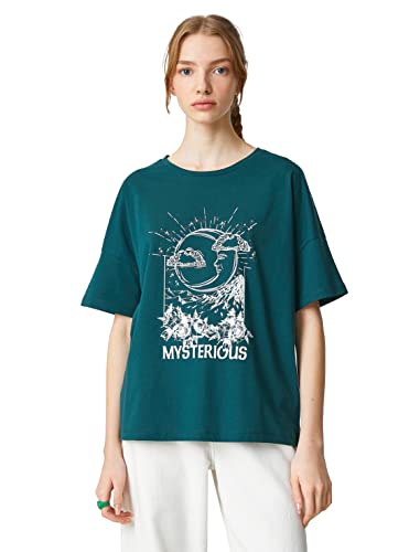 Koton Damska koszulka z krótkim rękawem z nadrukiem z okrągłym dekoltem, petrol (748), M