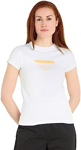 Calvin Klein Jeans Damska koszulka z logo w paski, nowoczesna prosta koszulka S/S, biały, XL