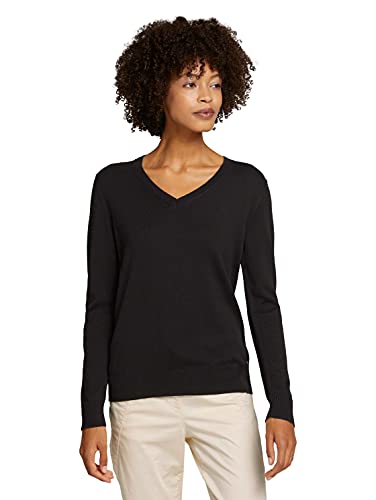 TOM TAILOR Damski Sweter Basic z dekoltem w serek 1028764, 14482 - Deep Black, XXS