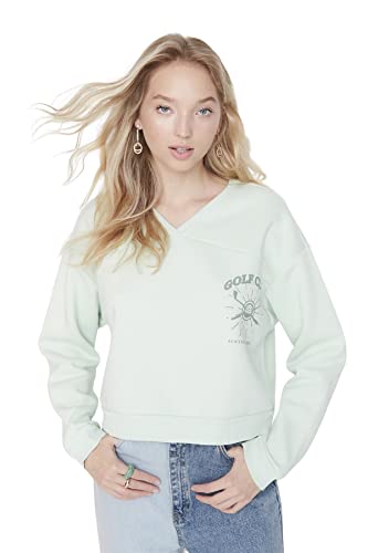 Trendyol Damska bluza z okrągłym dekoltem z dopasowanym hasłem, miętowa, S, Miętowy