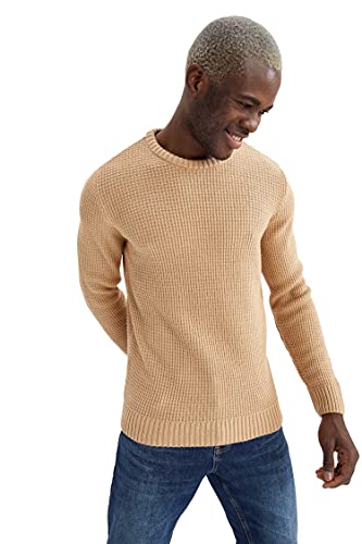 DeFacto Męski sweter z dzianiny z długim rękawem okrągły dekolt - slim fit sweter dla mężczyzn topy (LT.Beige Melange,XS), L. beżowy melanż, XS