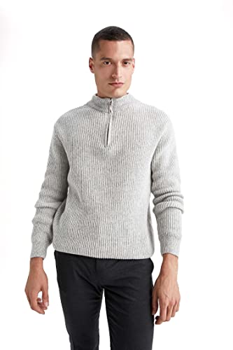 DeFacto Męski sweter z dzianiny z długim rękawem okrągły dekolt - slim fit sweter dla mężczyzn topy (szary melanż, XS), szary melanż, XS