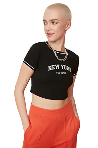 Trendyol Damska bluza Black Printed Super Crop Knitted Blouse, czarny, L