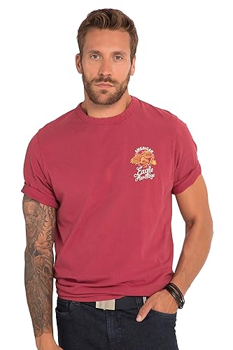 JP 1880, T-shirt męski, duże rozmiary, z rękawami do łokcia, z nadrukiem z kwasem washed, nadruk, okrągły dekolt, bordowy, 3XL