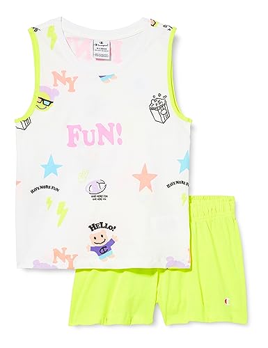 Champion Dziewczęca Legacy Fun Club-All Over-Tank Top & Shorts komplet, (biały/neonowy żółty), 3-4 Lata
