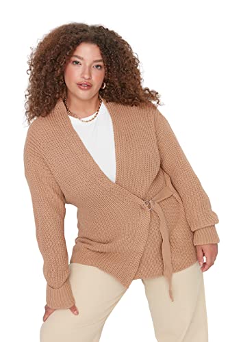 Trendyol Damski kołnierz z klapą zwykły zwykły sweter kardigan plus size, wielbłądzi, 2XL, Wielbłądzi, XXL