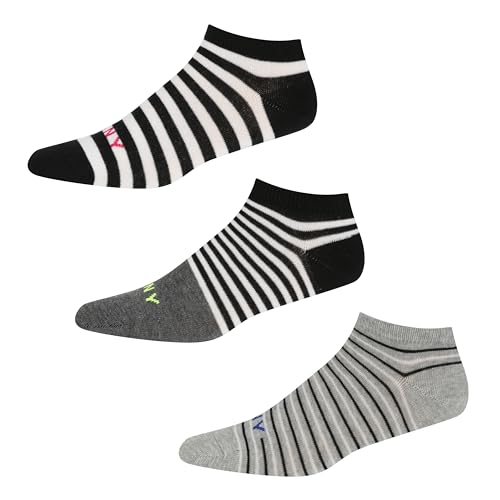 DKNY Niewidzialne skarpetki damskie w kolorze czarnym/białym z paskami, idealne do mokasynów i butów sportowych o niskim kroju. Rozmiar 4-7, wielokrotne opakowanie 3, Charcoal/Black/Grey Stripe, 37-40