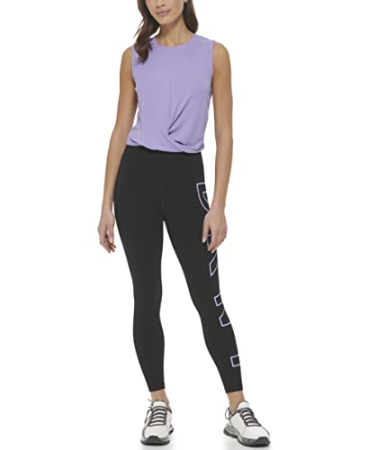 DKNY Damskie legginsy z eksplodowanym logo, wysoka talia 7/8, czarne/fioletowe, L, Black/Tulip Purple, L