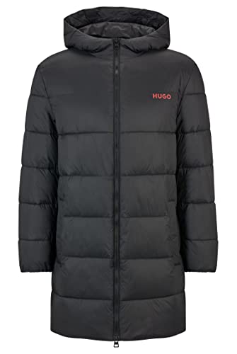HUGO Męski płaszcz pikowany Mati2241 Slim-Fit z kapturem i logo, czarny, M