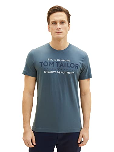 TOM TAILOR Męski T-shirt z nadrukiem logo, 32506-dusty dark teal, S