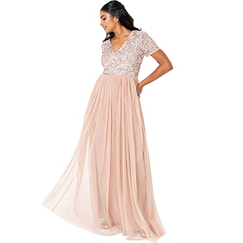 Maya Deluxe Damska sukienka maxi z dekoltem w serek zdobiona druhna, Taupe Blush, 8