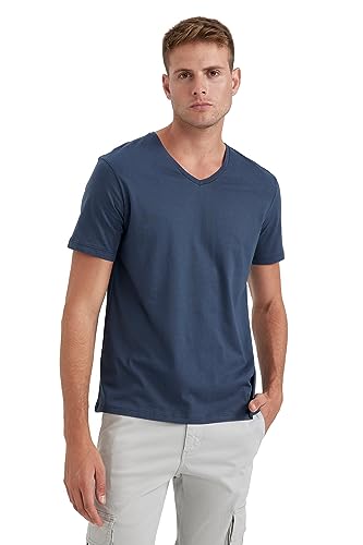 DeFacto Męski Basic Slim Fit T-shirt męski z dekoltem w serek – klasyczny T-shirt dla mężczyzn, indygo, XL