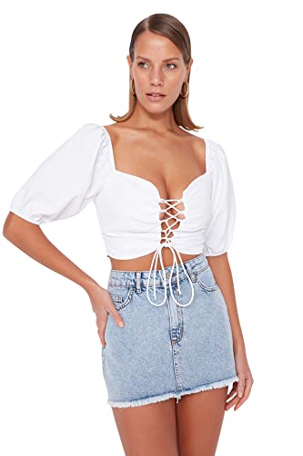Trendyol Damska dopasowana prosta bluzka z tkaniny Sweetheart, ecru, 42, Ecru, 40
