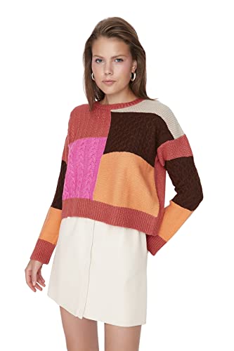 Trendyol Damska bluza z okrągłym dekoltem z blokami kolorów, pomarańczowa, L, pomarańczowy
