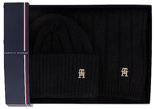 Tommy Hilfiger Damska czapka GP TH Timeless Beanie + szalik, prezenty, czarny, jeden rozmiar, Czarny, Rozmiar uniwersalny
