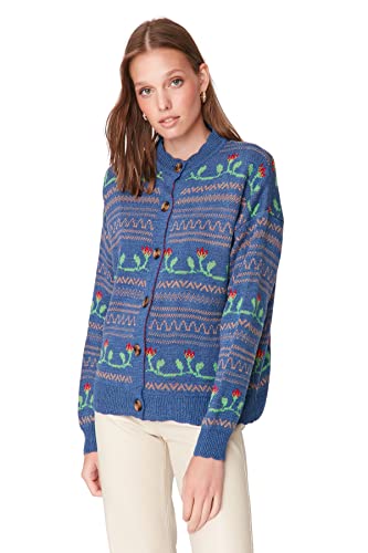 Trendyol Damski kardigan z dzianiny oversize z okrągłym dekoltem, NIEBIESKI, S