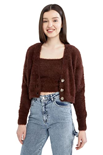 DeFacto Kardigan normalny krój dla kobiet kardigan na topy damski (brązowy, L), brązowy, L