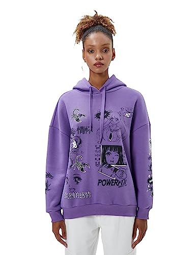 Koton Damska bluza z kapturem oversized Anime Printed Long Sleeve, fioletowy (397), l