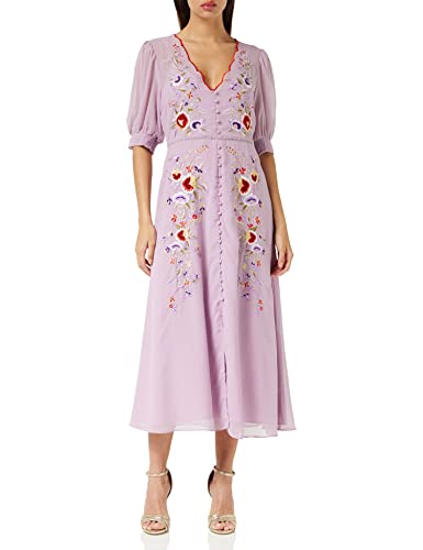 Hope & Ivy Damska sukienka herbaciana The Mila z kwiatowym haftem z przodu na guziki i dekoltem muszelkowym na specjalne okazje, liliowy, 38