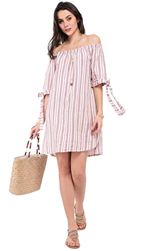 Bonateks damska sukienka 100% lniana wyprodukowana we Włoszech, puszysta sukienka z okrągłym dekoltem i kieszeniami, satyna, rozmiar: S, Satyna, S