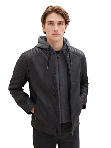 TOM TAILOR Męska kurtka skórzana w stylu motocyklowym z odpinanym kapturem i kurtką wewnętrzną z dżerseju, 29999-black, XXXL, 29999-czarny, 3XL