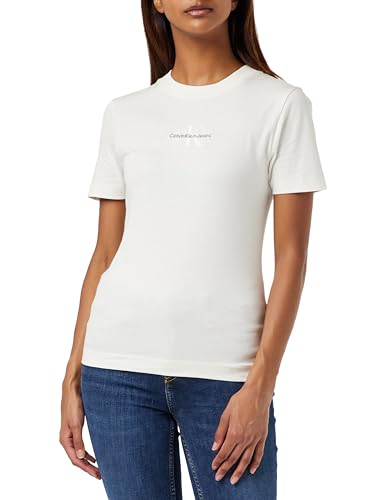 Calvin Klein Jeans Damska koszulka Monologo Slim Fit S/S dzianinowe topy, kość słoniowa, L