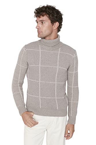 Trendyol Męska bluza z golfem w kratę slim sweter, kolor norek, L, Kolor norek, L