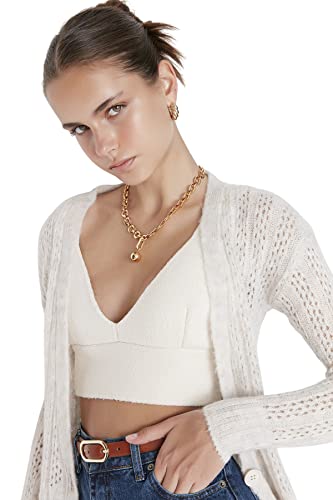 Trendyol Damski regularny kardigan z dzianiny z dekoltem w serek, Ecru, S