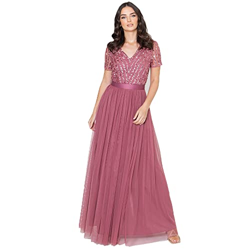 Maya Deluxe Maxi Dress For Women Ladies Bridesmaid V-Neck Plus Size Ball Gown Short Sleeves Long Elegant Empire Waist Sukienka dla druhny dla kobiet, Desert Rose, 48