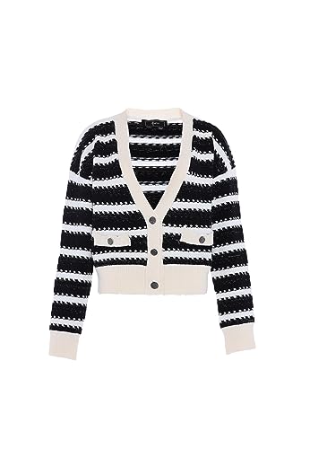 faina Damski kardigan w paski, modny kardigan z dekoltem w kształcie litery V, akryl wełniany biały, czarny, rozmiar XL/XXL, wełniany biały czarny, XL