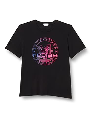 Replay T-shirt damski z krótkim rękawem z nadrukiem, 098 BLACK, S