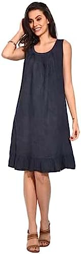 Bonateks, Sukienka z falbankami średniej długości, okrągłym kołnierzem i fałdami z przodu, 100% len, rozmiar DE: 42 rozmiar US: XL, granatowa - wyprodukowana we Włoszech, niebieski, 42