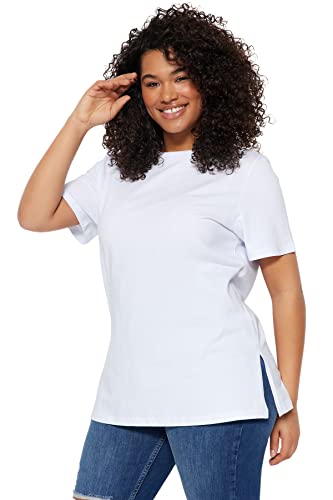 Trendyol Damska koszulka plus size, luźna, podstawowa, z okrągłym dekoltem, dzianinowa koszulka plus size, biały, 5XL (Duże Rozmiary)
