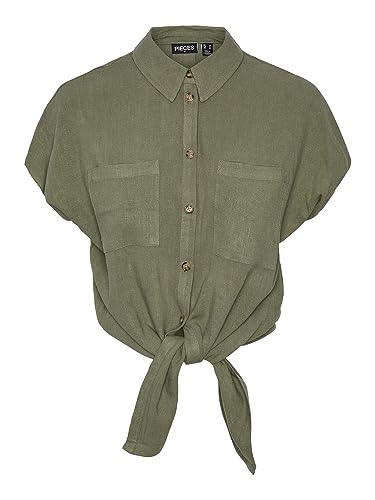 PIECES PCVINSTY bluzka damska z mieszanki lnu, Deep Lichen Green, XS