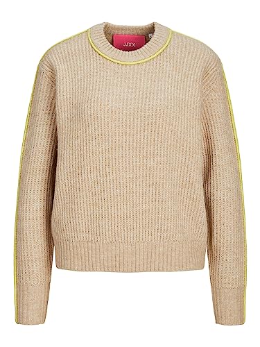 Bestseller A/S Damski sweter z dzianiny JXLEONORA Diverse Ribbed Crew Neck Knit, peyote/Detail:/Limeade Piping, M, Peyote/Detail:/Limeade Piping, M