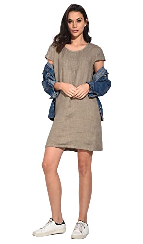 Damska sukienka 100% lniana Made in Italy, krótka sukienka z dekoltem w serek i podwójnymi falbankami, czarna, rozmiar: M, czarny, M