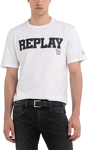 Replay Męski T-shirt z krótkim rękawem, okrągły dekolt, logo, biały (White 001), M, Biały 001, M