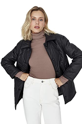 Trendyol Damska kurtka zimowa z długim rękawem, z klapą, puchowa, Czarny, L