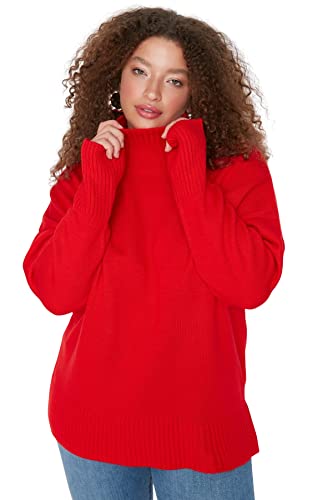 Trendyol Damska bluza z golfem o luźnym kroju z golfem plus size, Czerwony, XXL