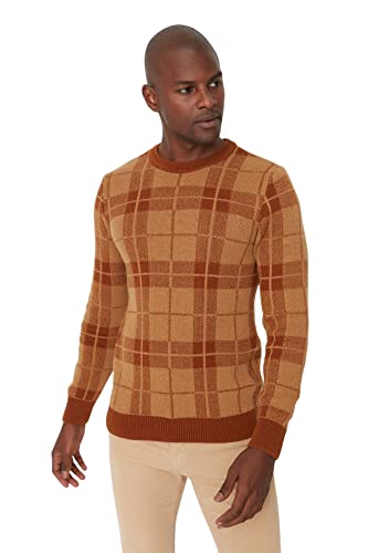 Trendyol Męska bluza z okrągłym dekoltem w kratę slim sweter, wielbłądzi, XL, Wielbłądzi, XL