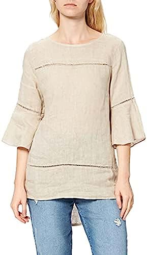 Bonateks, Tunika z okrągłym kołnierzem, wstawką koronkową i falbankami, 100% len, rozmiar DE:34, rozmiar US:S, topy, pustynia - wyprodukowano we Włoszech, beżowy, 34