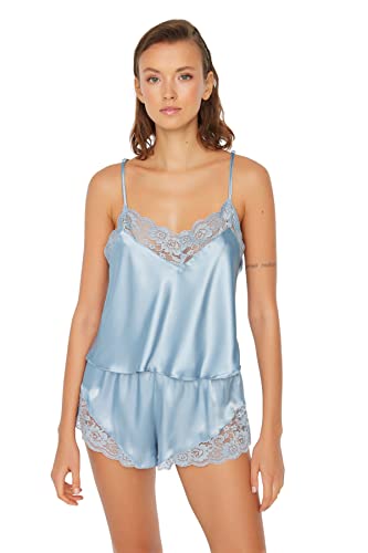 Trendyol Damski gładki średni tkany stanik - zestaw piżam szortów, NIEBIESKI, 64